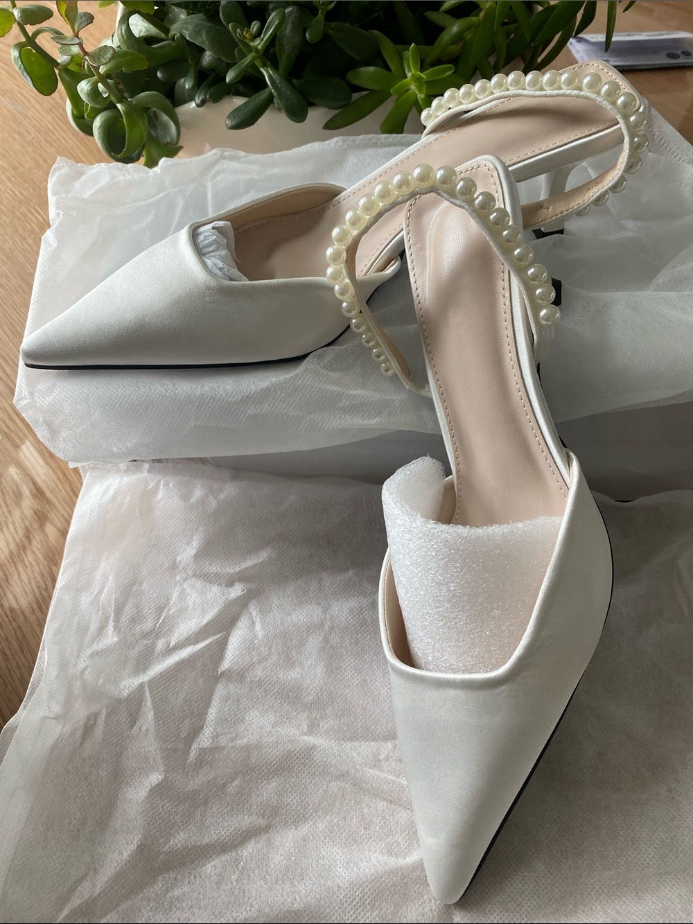 White Pointed Slingback Heels with Pearl Strap